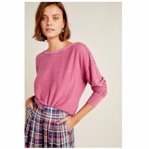 by Anthropologie Delilah Pullover Button Shoulder Rose Deep Pink Oversized Small - Picture 1 of 12